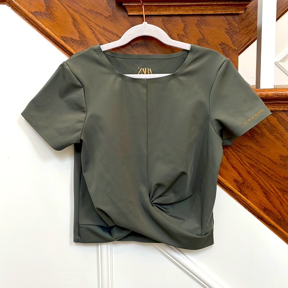 Zara Size 13-14 twist front olive green crop top, performance fabric